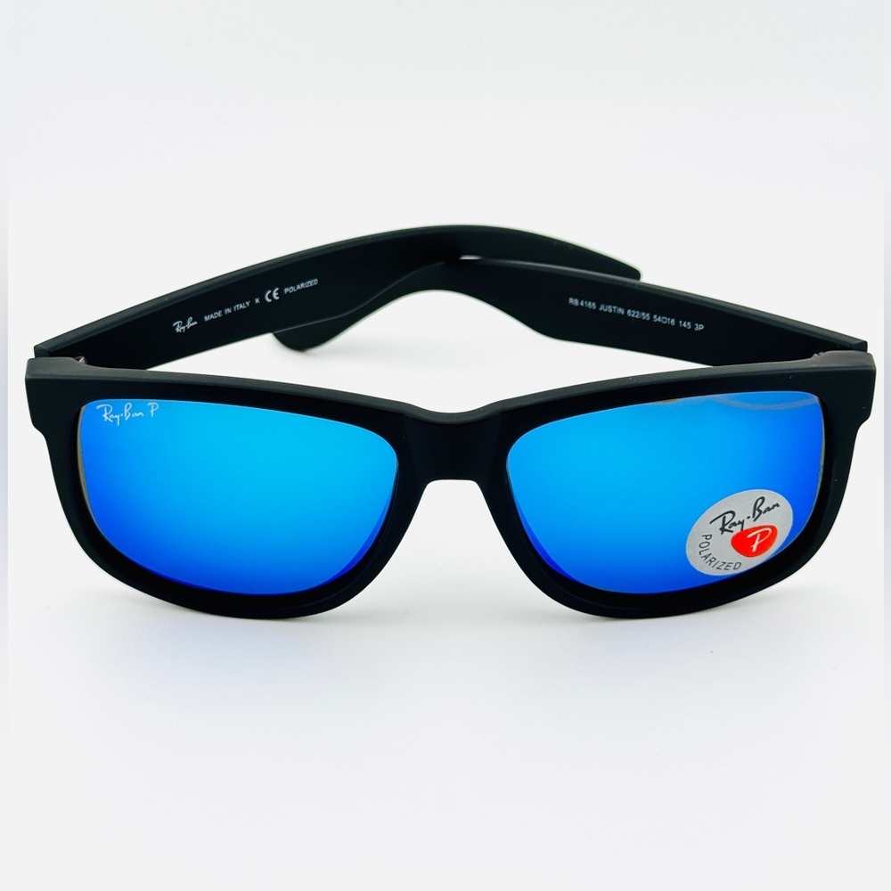Ray-Ban Justin Sunglasses RB4165 Matte Rubber Black Frame Blue Mirror Lenses - Picture 11 of 15